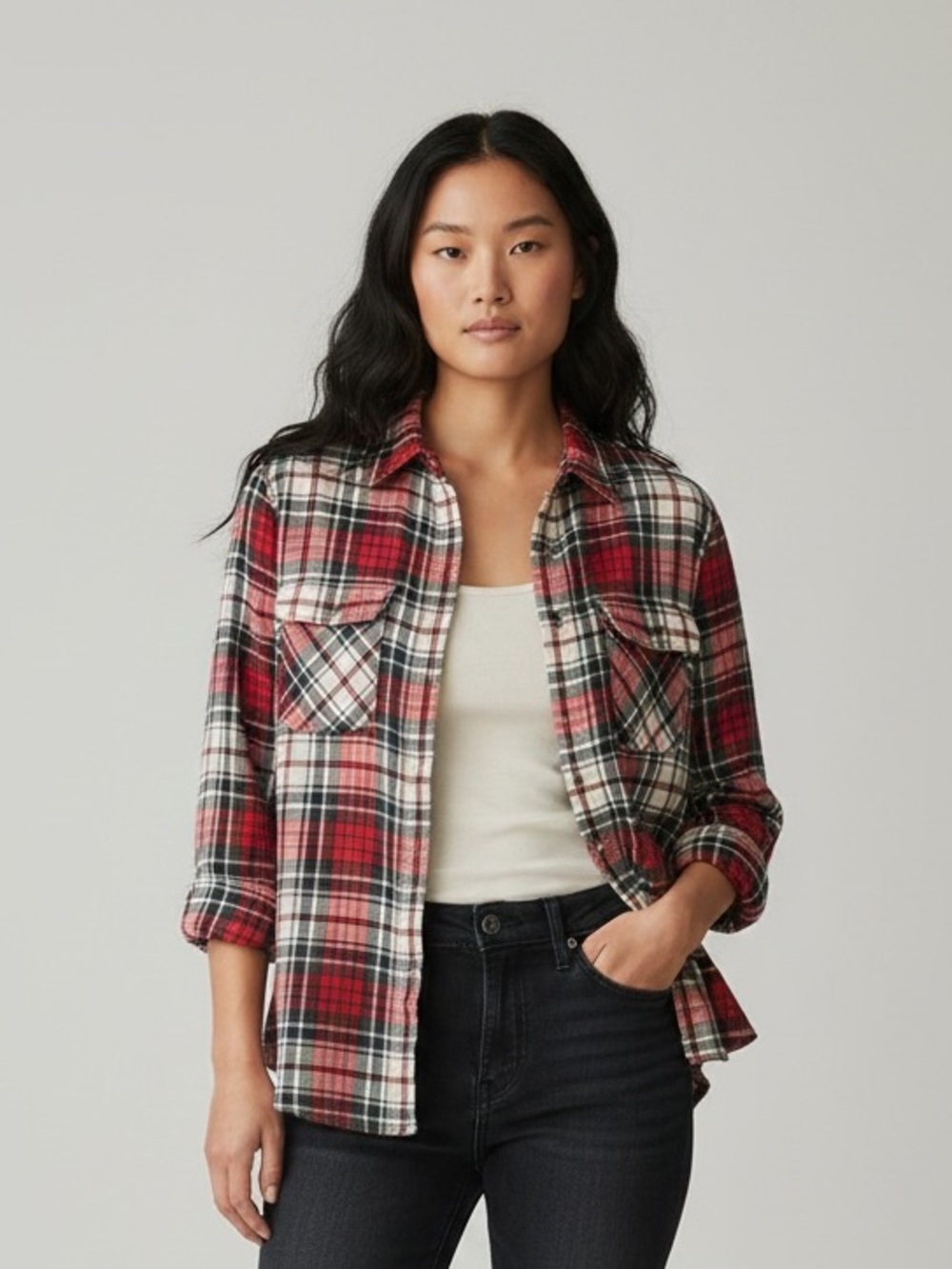 Chaps Red Cream Plaid Button-Down Women's Shirt